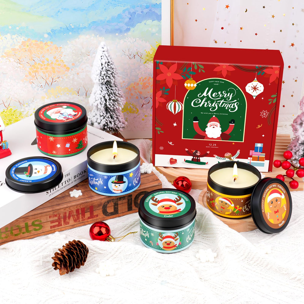 Unlit 4.6oz candle in a textured round tin with holiday motifs