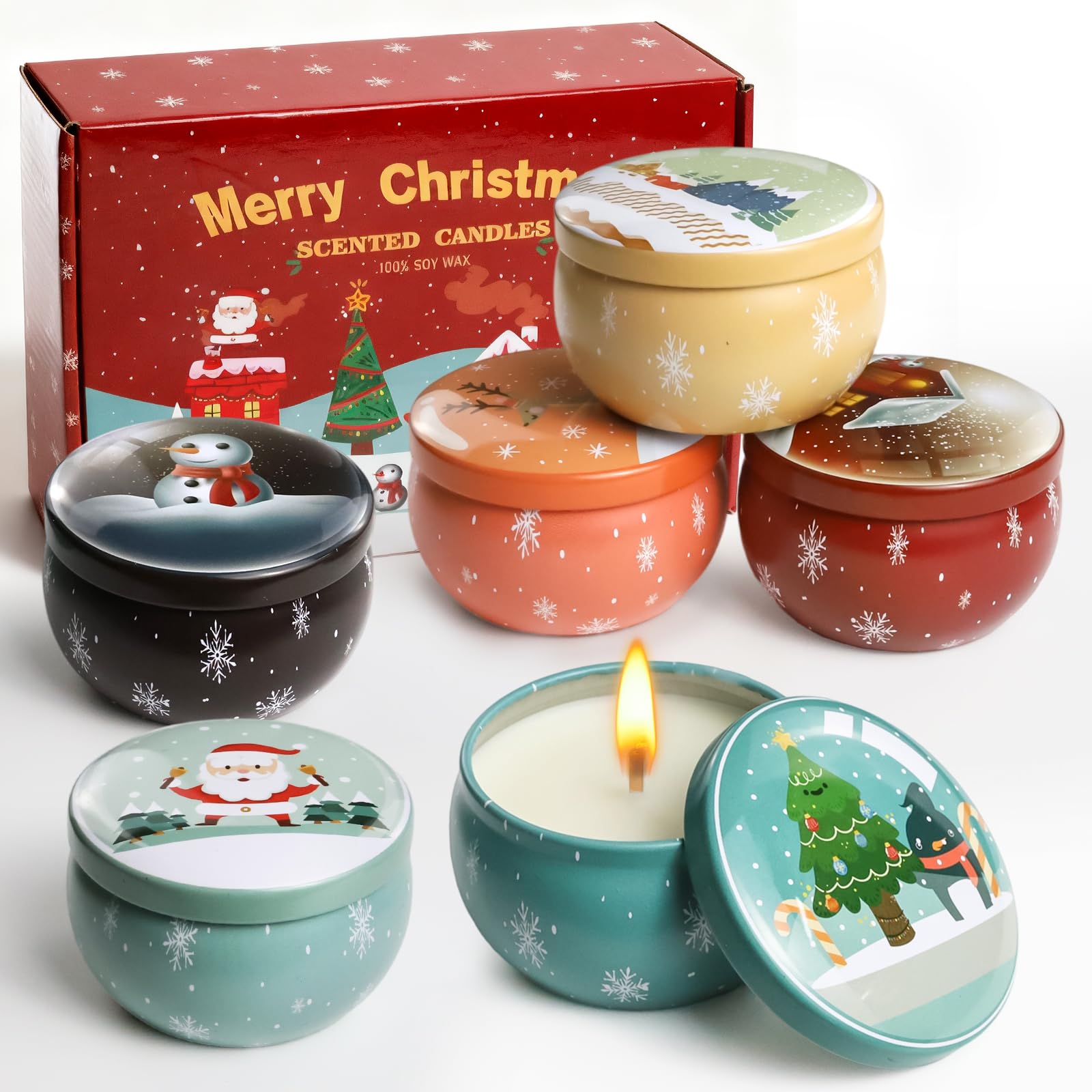 Six-pack Christmas scented candles in decorative metal tins
