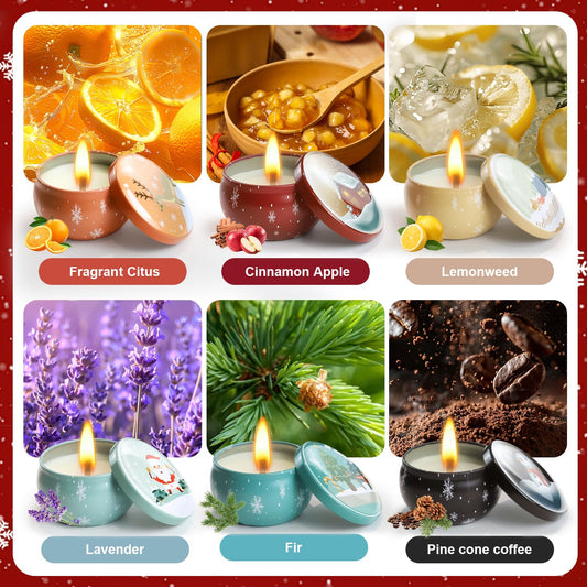 Close-up of the six-pack candle tins with festive patterns