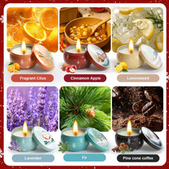 Close-up of the six-pack candle tins with festive patterns