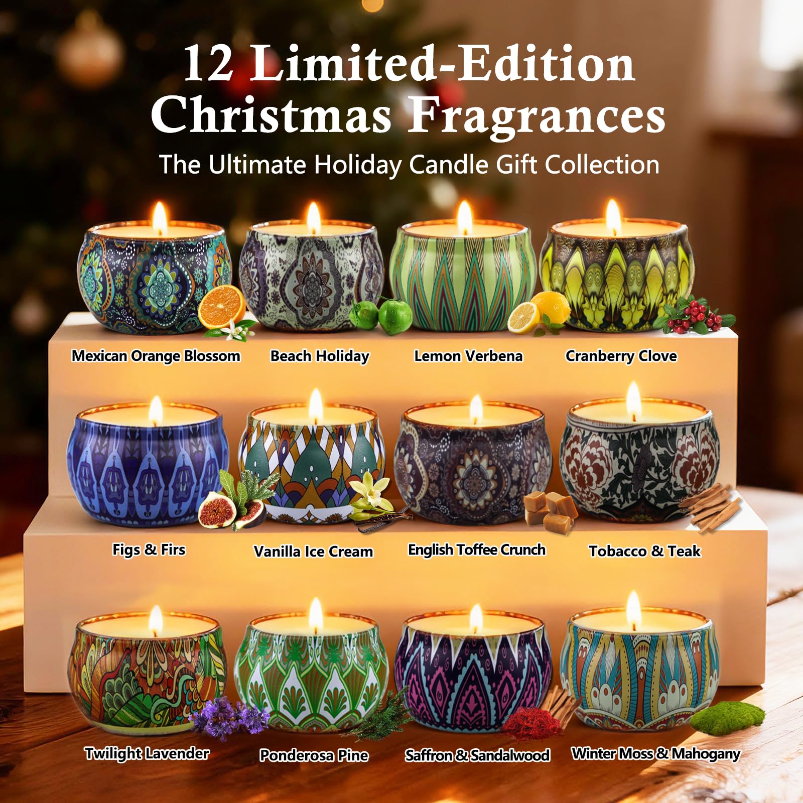 Assorted candle jars showing Bergamot, Campfire Marshmallow, and Apple Cinnamon scents