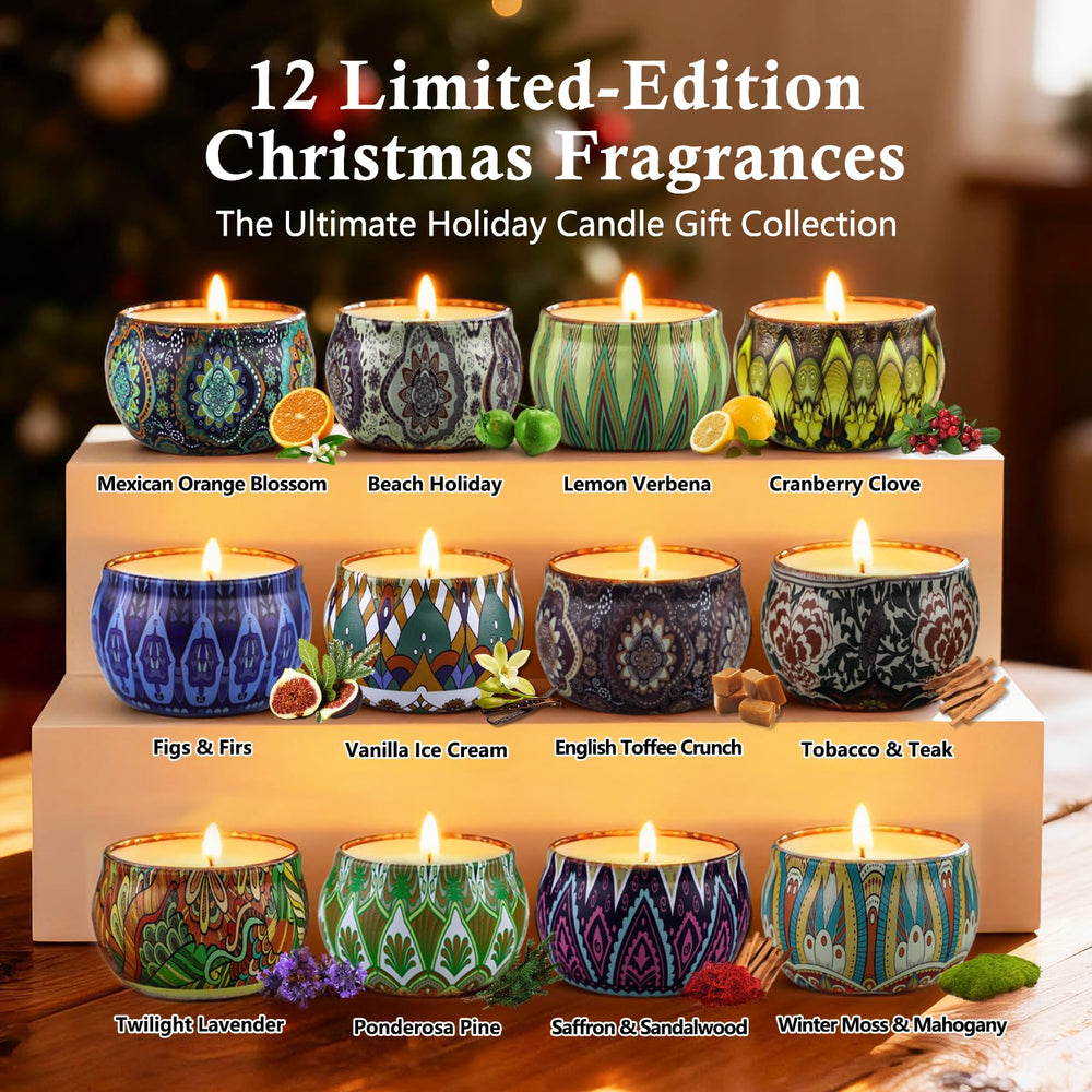 Assorted candle jars showing Bergamot, Campfire Marshmallow, and Apple Cinnamon scents