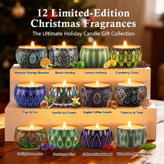 Assorted candle jars showing Bergamot, Campfire Marshmallow, and Apple Cinnamon scents