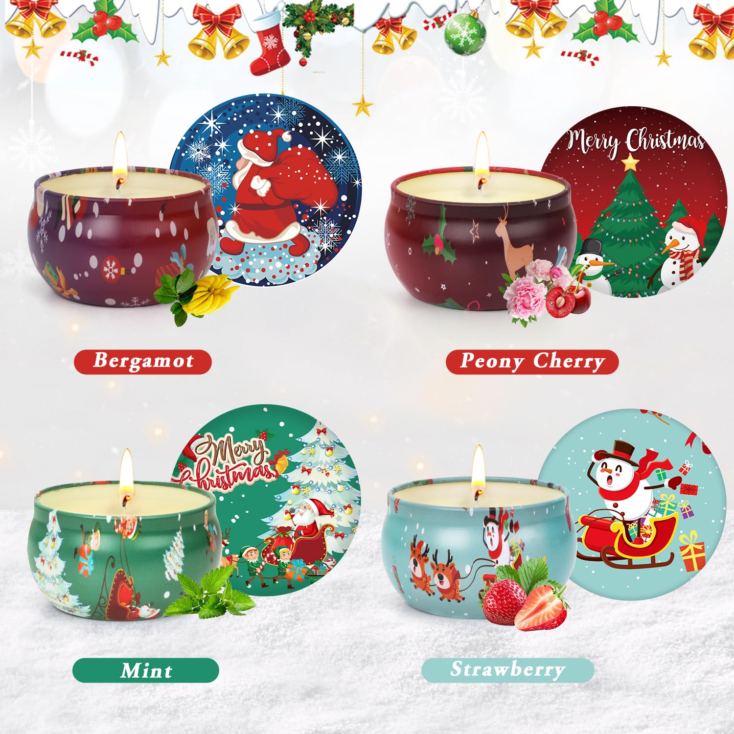 Bergamot and Strawberry scented candle in Christmas jar