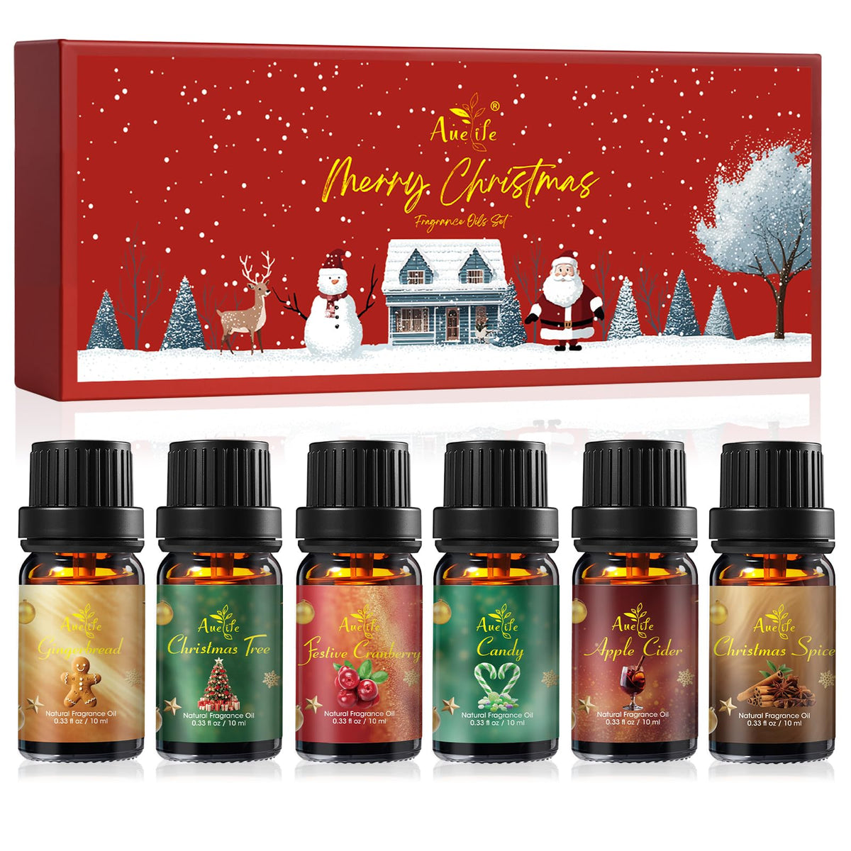 Six festive essential oil bottles in holiday packaging (6-pack set)