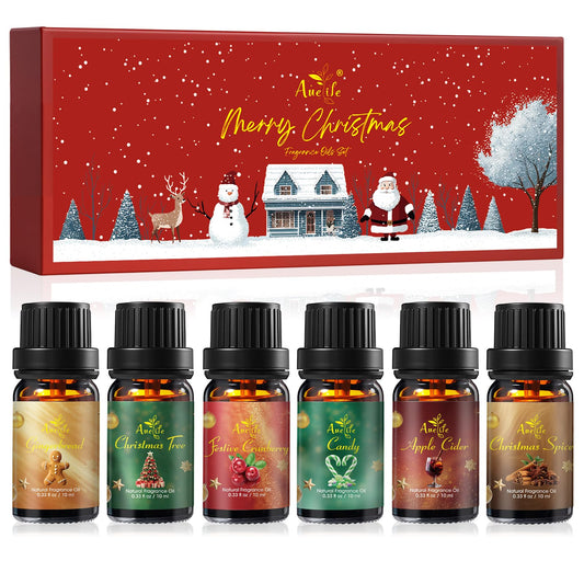 Six festive essential oil bottles in holiday packaging (6-pack set)