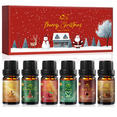 Six festive essential oil bottles in holiday packaging (6-pack set)