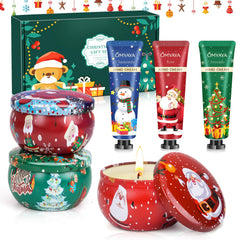 Christmas gift set for women with 3 scented candles and 3 hand creams in festive packaging