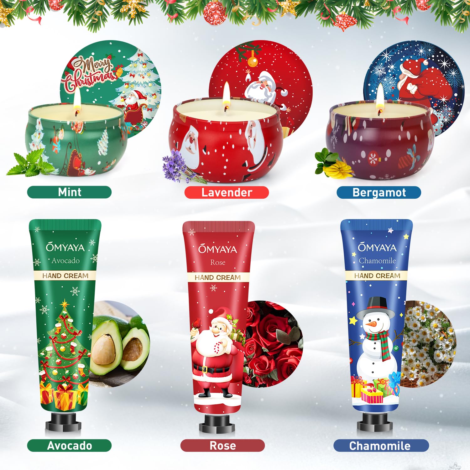 Three aromatherapy candles in mint, lavender, and bergamot scents