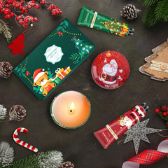 Festive Christmas box featuring Santa, tree, and snowman patterns