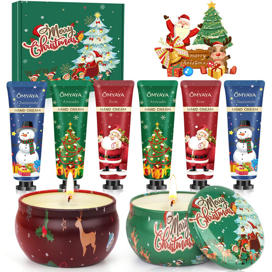 Bulk Christmas gifts for coworkers in a festive gift box with 2 candles and 6 hand creams