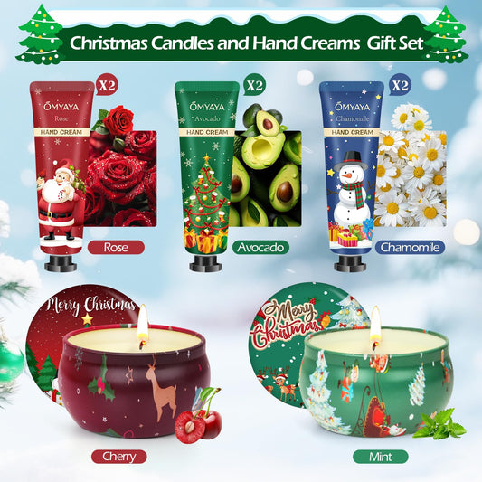 Set of 2 scented candles and 6 hand creams in a holiday gift box