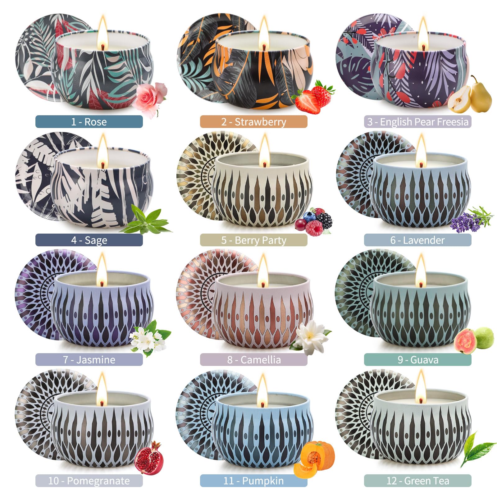 Close-up of 24-pack Christmas scented candle tins with assorted fragrances