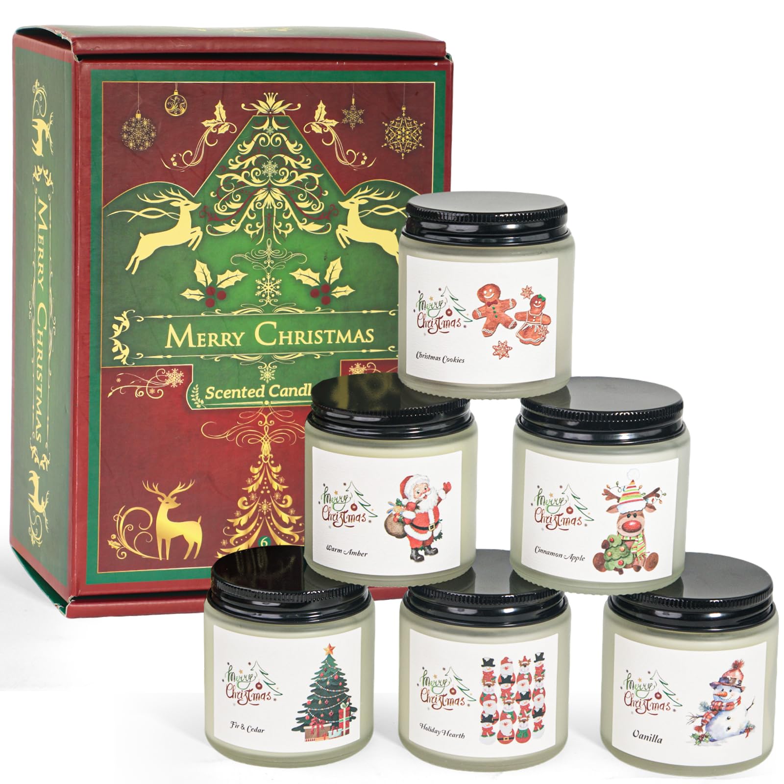 Six-pack of soy candles in frosted white jars with Christmas packaging