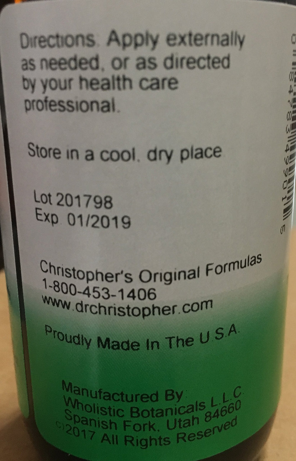 Top view of Christopher's Complete Tissue & Bone Massage Oil bottle