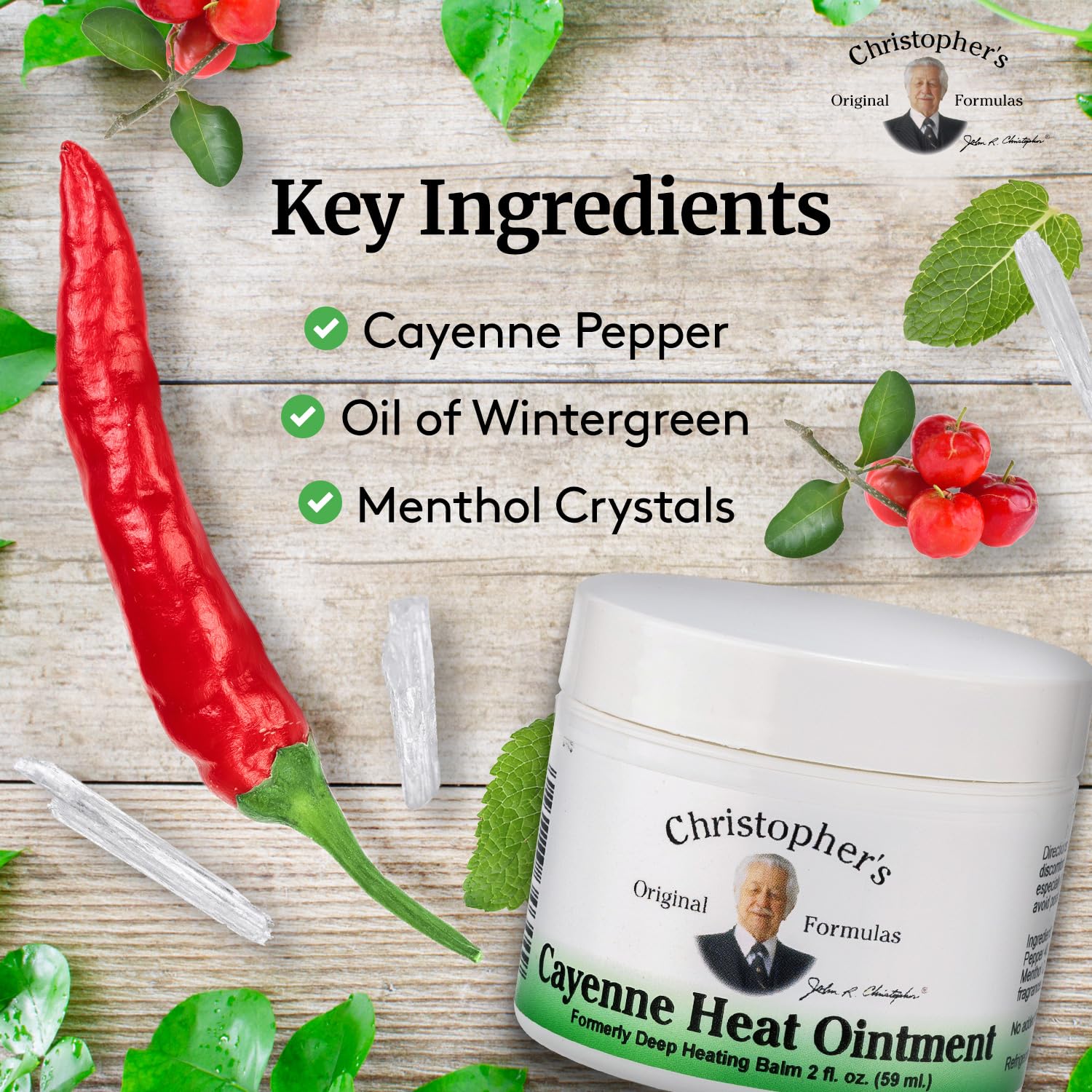 Herbal ingredients: cayenne pepper, wintergreen, peppermint