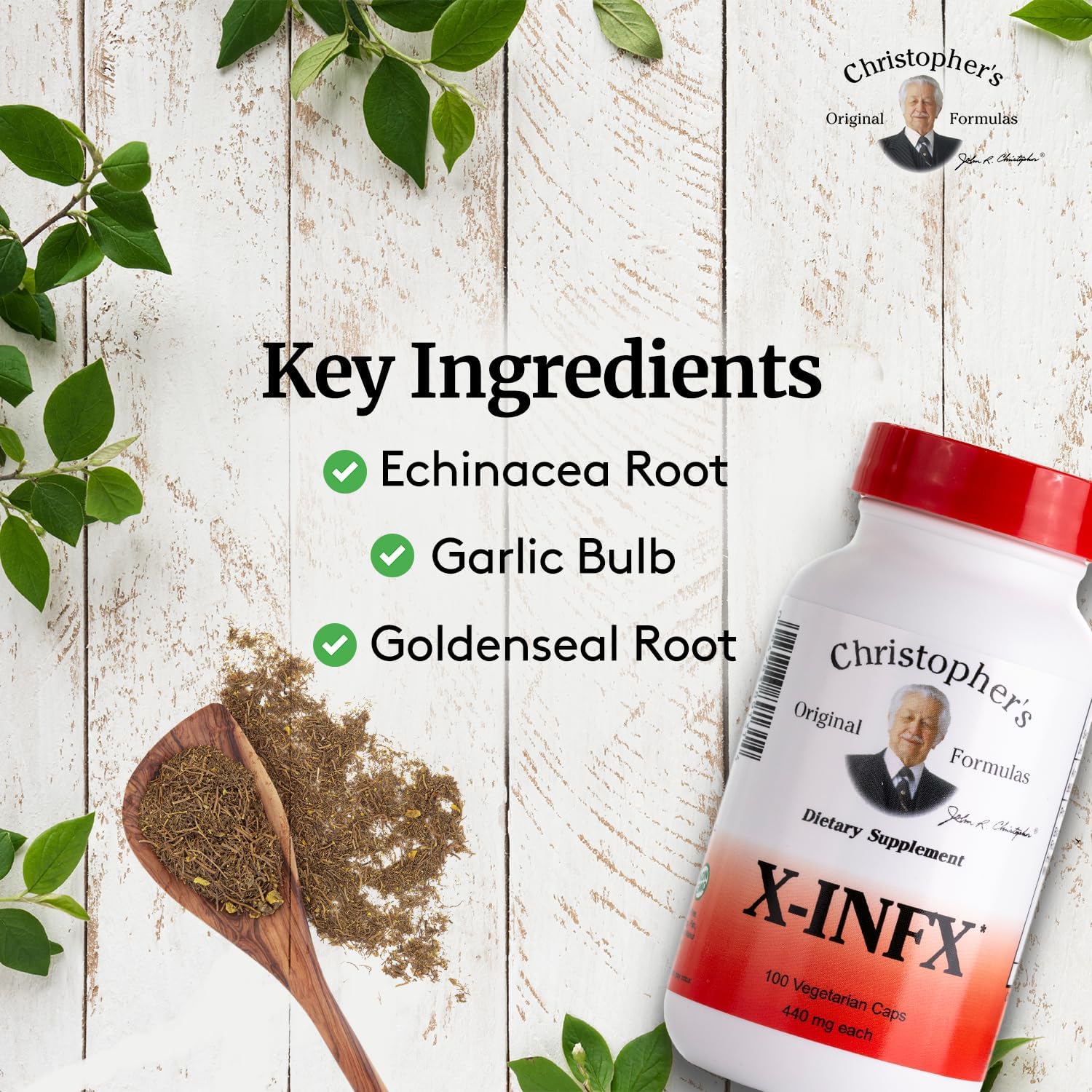 Illustration of key ingredients: Echinacea, Goldenseal, Marshmallow and others