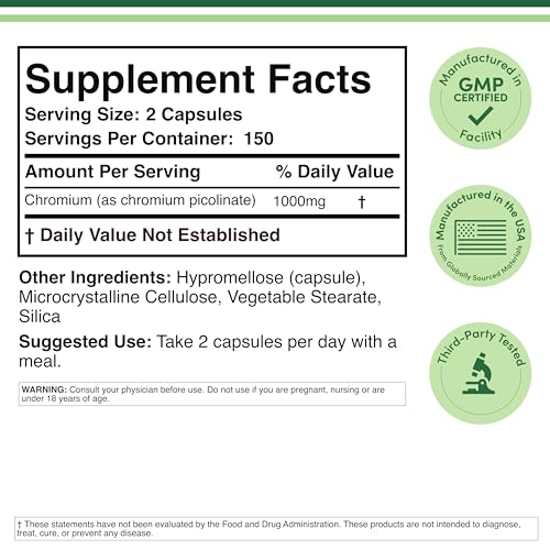 Chromium Picolinate 1000mcg capsules in bottle - 150 servings