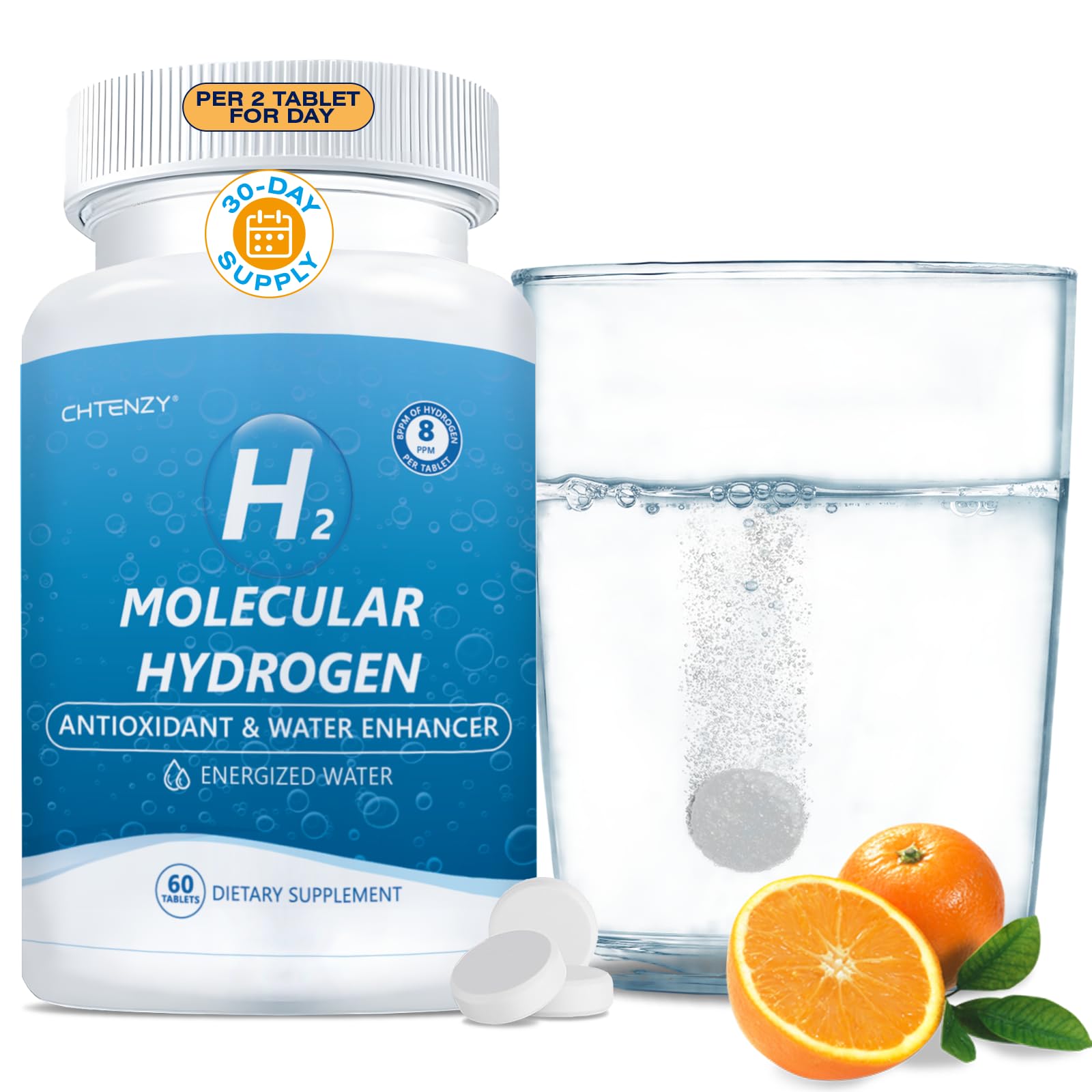 Front view of CHTENZY Hydrogen Water Tablets orange flavor 60-count bottle