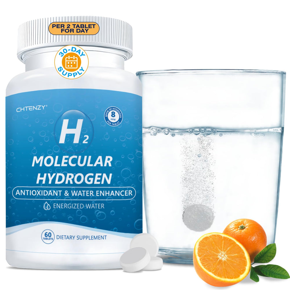 Front view of CHTENZY Hydrogen Water Tablets orange flavor 60-count bottle