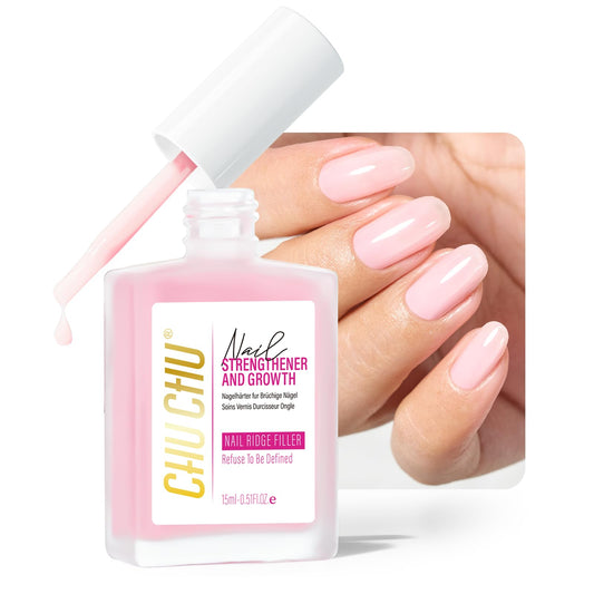 CHUCHU 8-in-1 nail strengthener bottle close-up showing strengthened nails and shine
