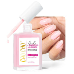 CHUCHU 8-in-1 nail strengthener bottle close-up showing strengthened nails and shine