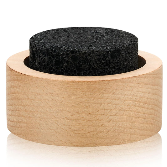 Chunful lava rock diffuser with wooden base on white background