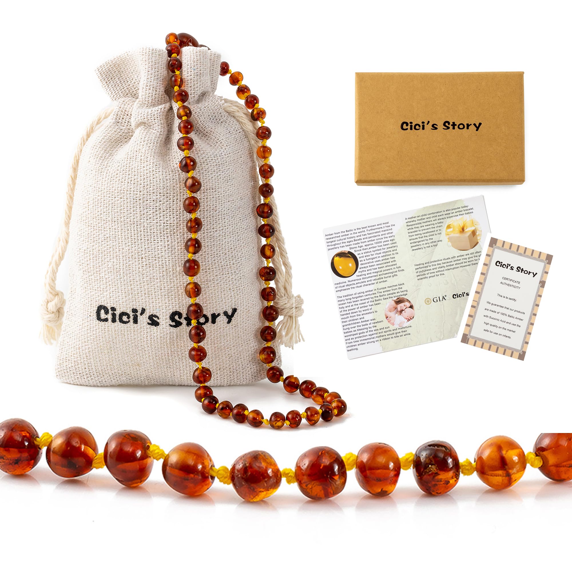 Close-up of Cognac Baltic amber beads