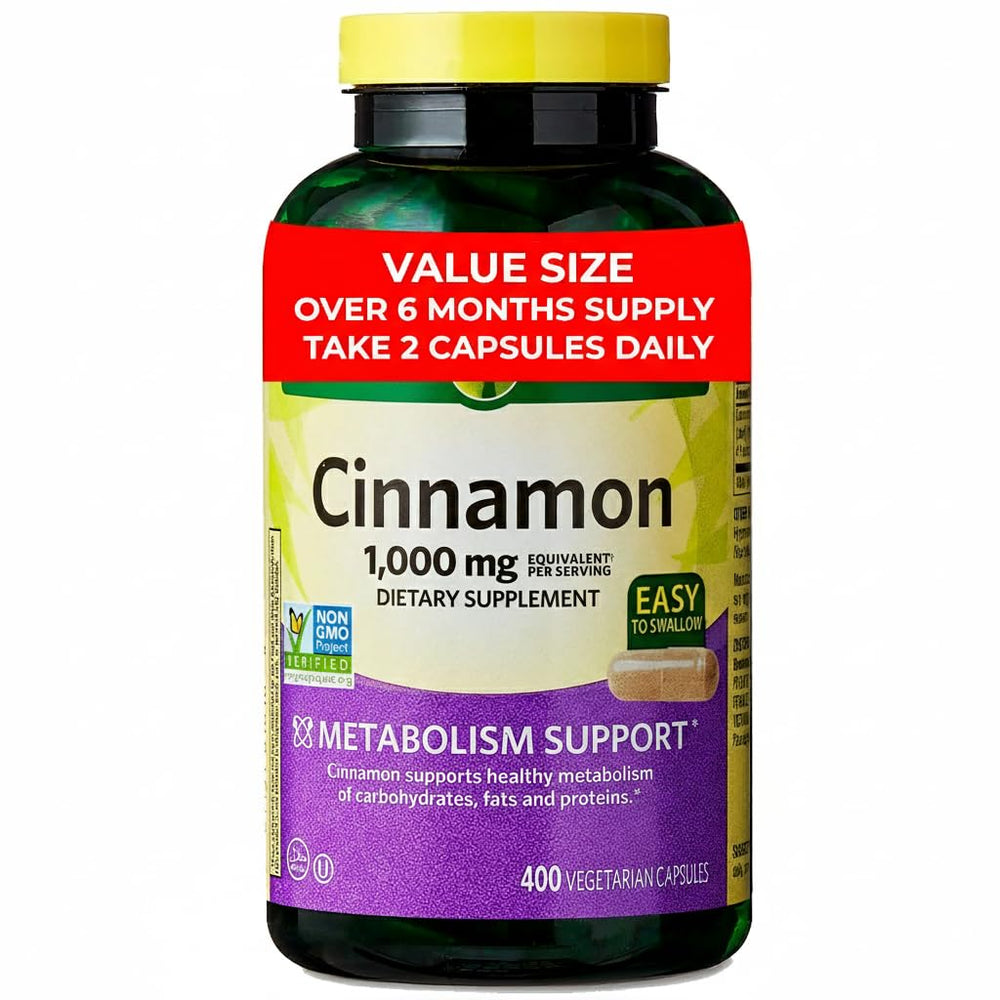 Cinnamon 1000 mg dietary supplement bottle with 400 vegetarian capsules