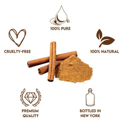 Bottle of 100% pure cinnamon oil labeled natural and therapeutic