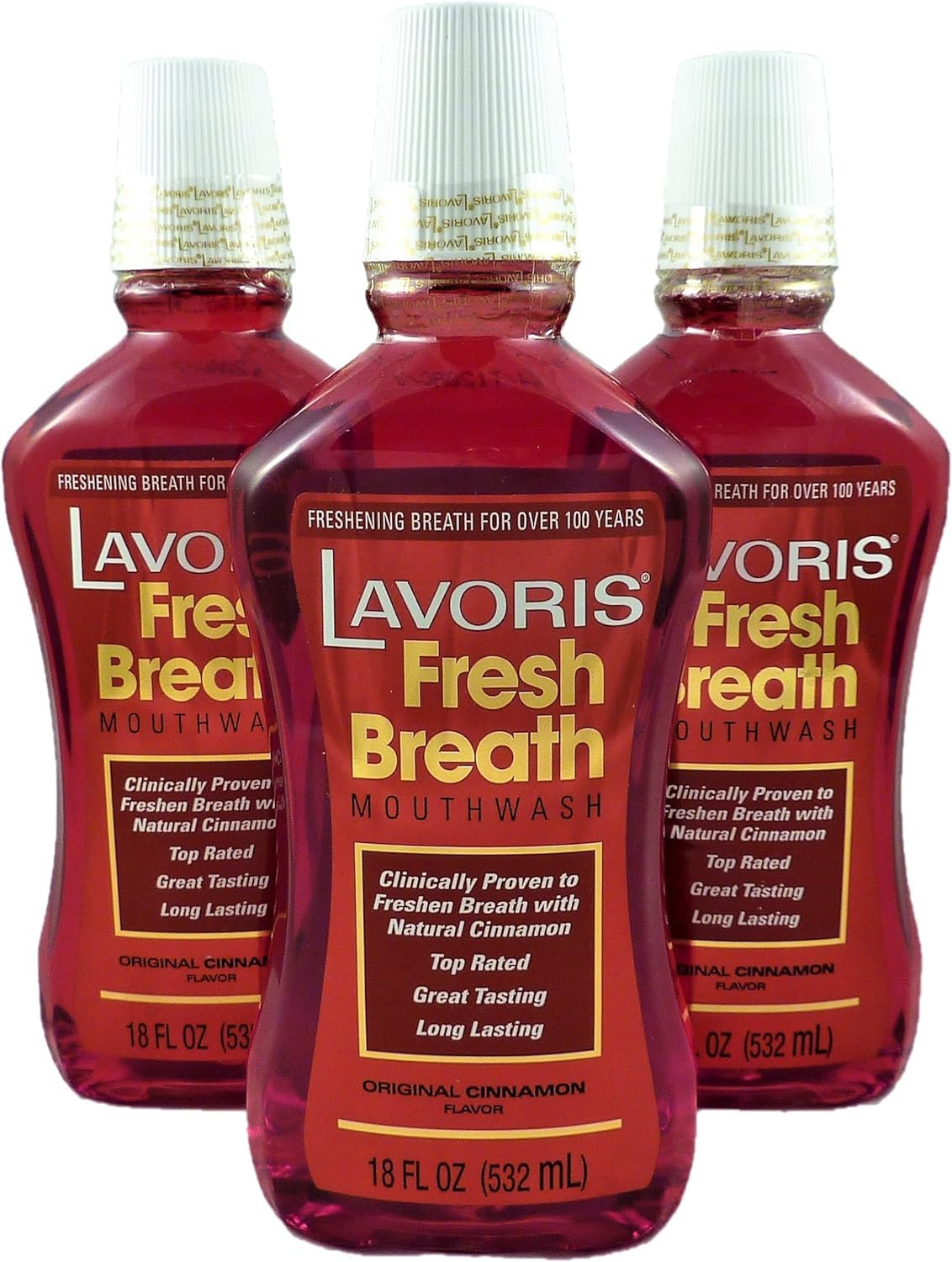 Three 18 oz Cinnamon Original Lavoris Mouthwash bottles in a 3-pack (54 oz total)