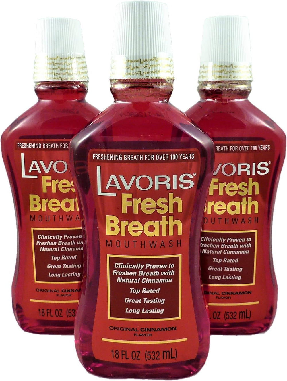 Three 18 oz Cinnamon Original Lavoris Mouthwash bottles in a 3-pack (54 oz total)