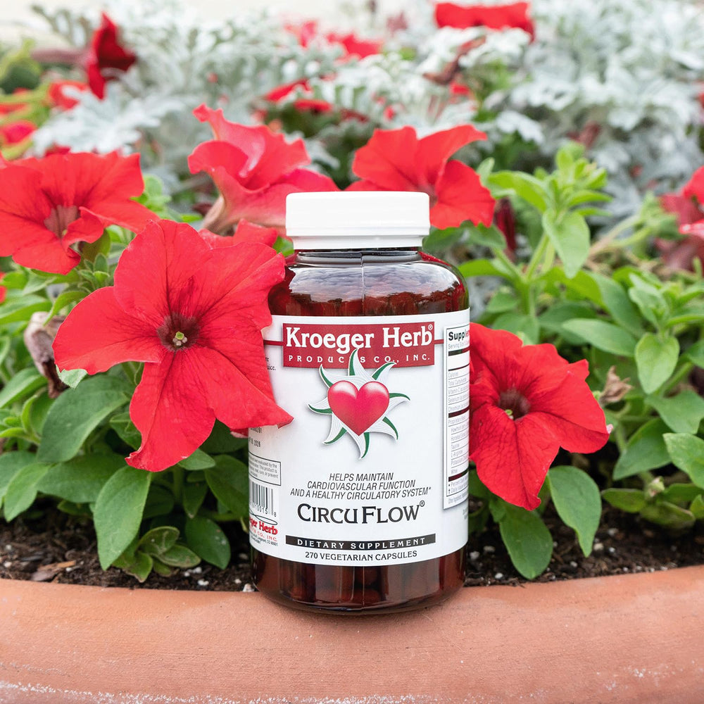 Close-up of Circu Flow bottle with 270 capsules