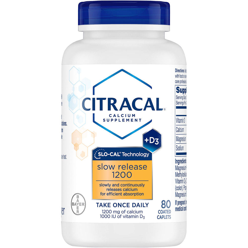 Close-up of Citracal Calcium + D Slow Release 1200mg tablets