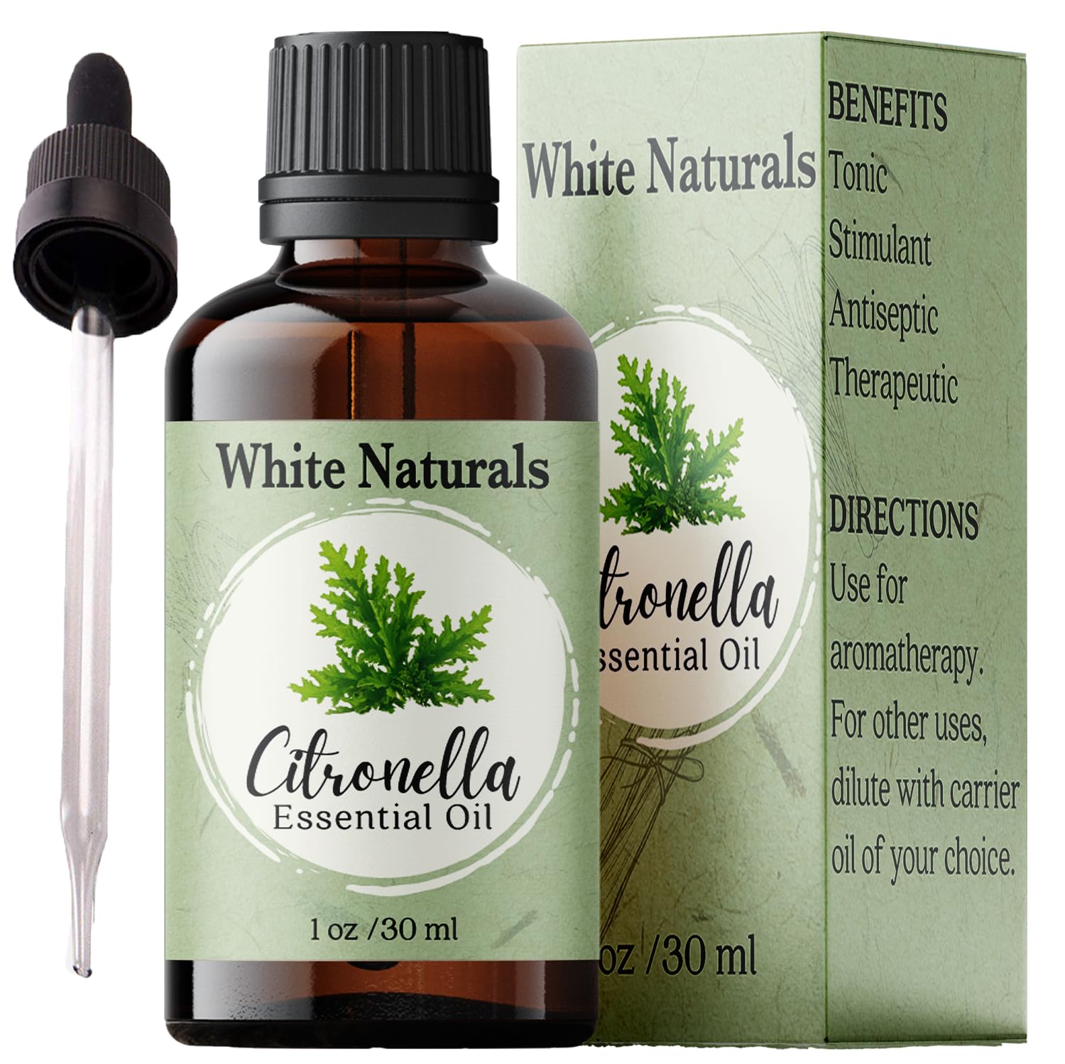 Amber glass bottle of citronella essential oil