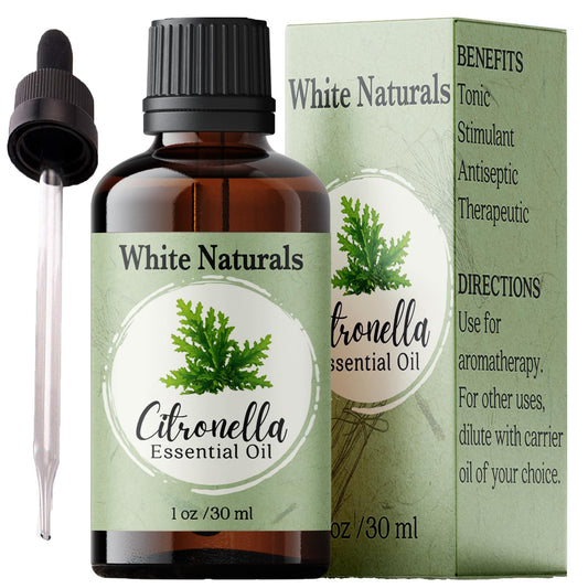 Amber glass bottle of citronella essential oil