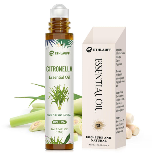 Amber glass bottle of citronella essential oil roll-on with rollerball