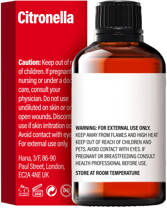 Close-up of citronella essential oil bottle