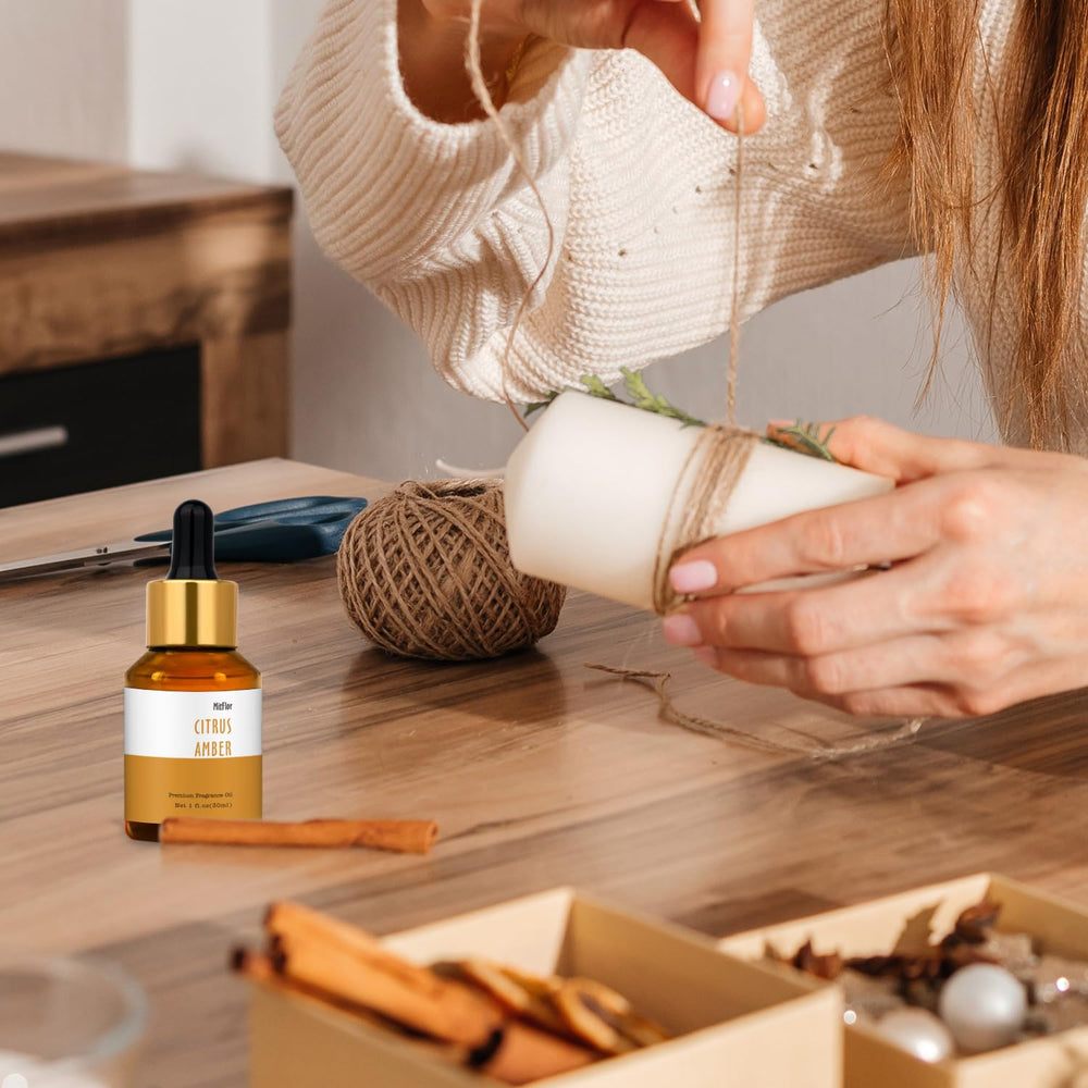 Diffuser setup featuring Citrus Amber fragrance oil in a home scene