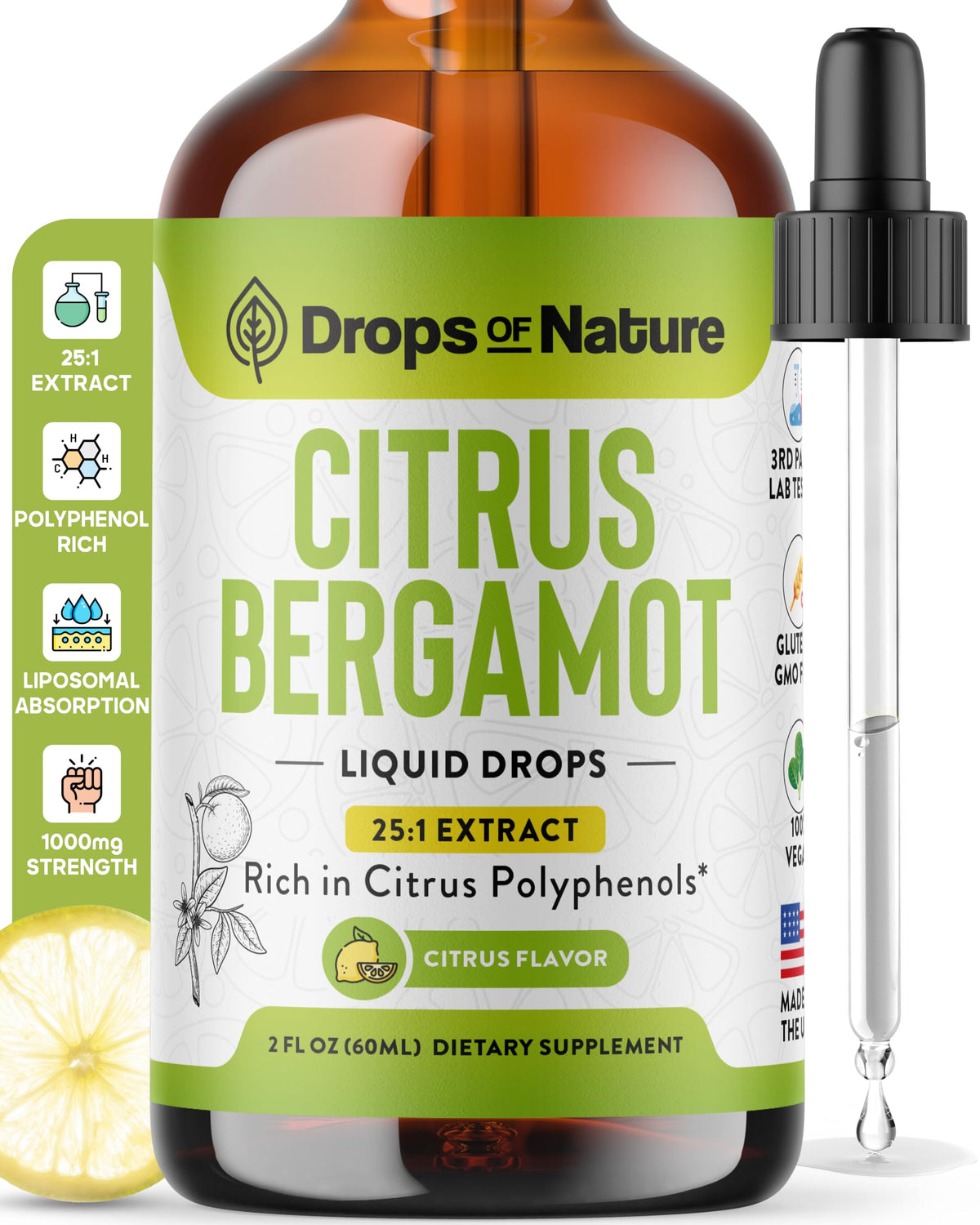 Citrus Bergamot Extract 25:1 Liquid Drops bottle with label