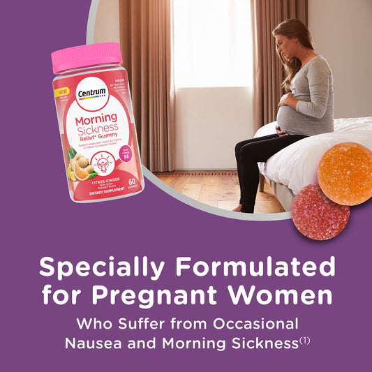 Centrum Morning Sickness Relief Gummies closeup highlights citrus-ginger taste for soothing nausea