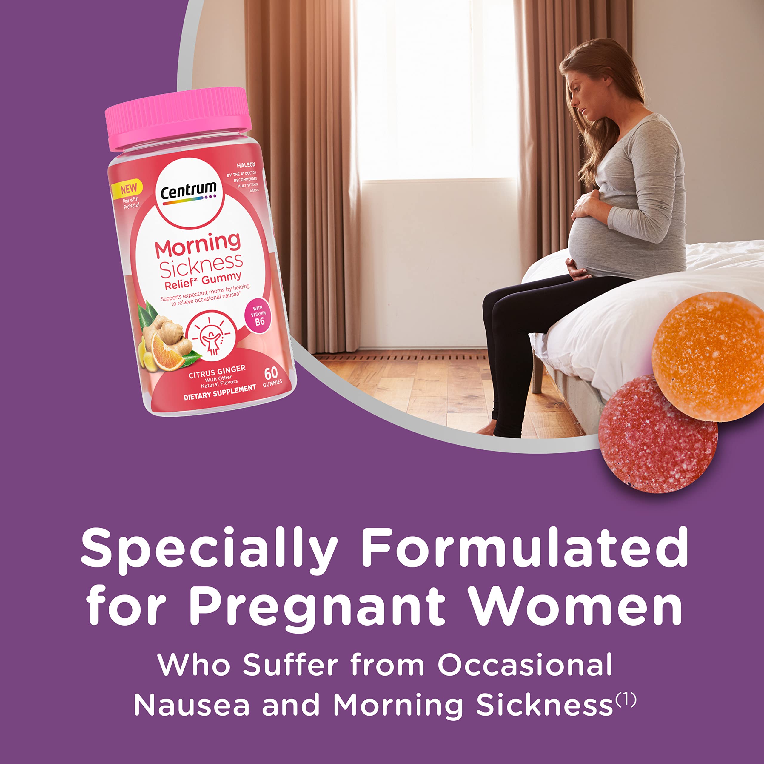 Centrum Morning Sickness Relief Gummies closeup highlights citrus-ginger taste for soothing nausea