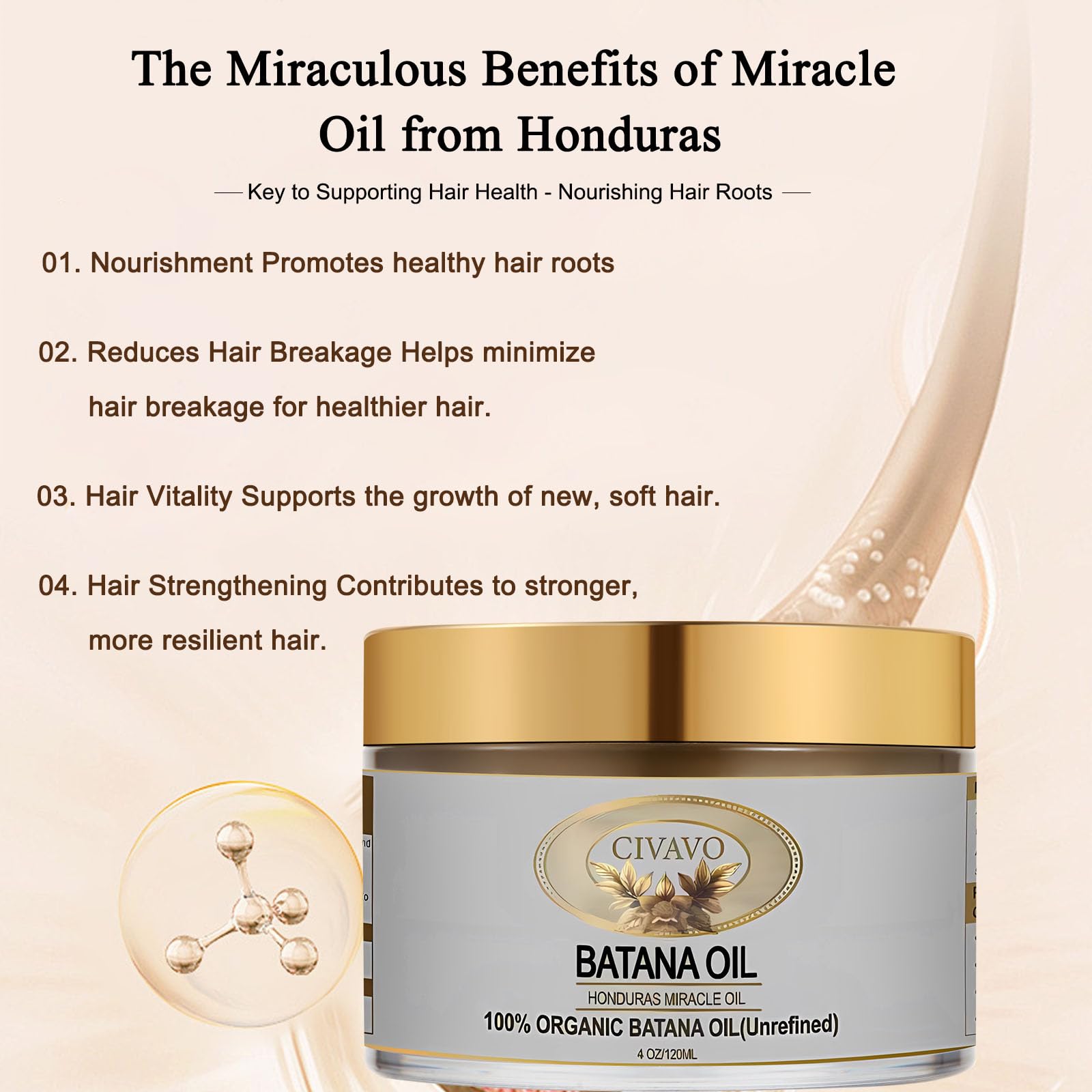 Civavo Batana Oil sourced from Honduras highlights premium botanical ingredients.
