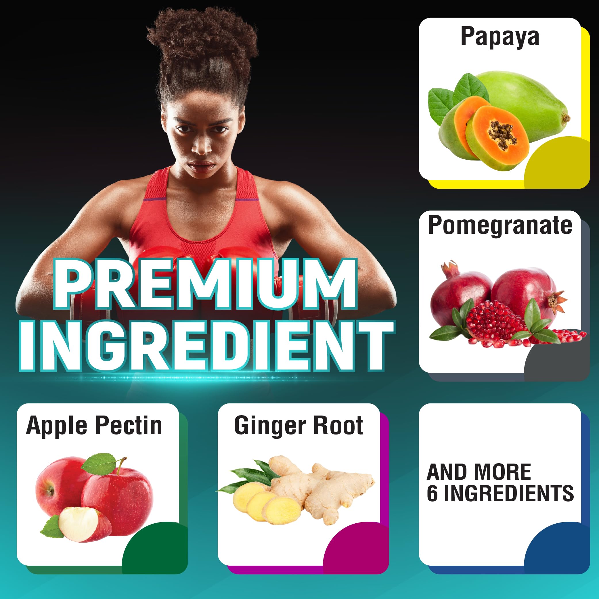 CIVIMUNA arranged ingredients: papaya, pomegranate, turmeric and seaweeds display