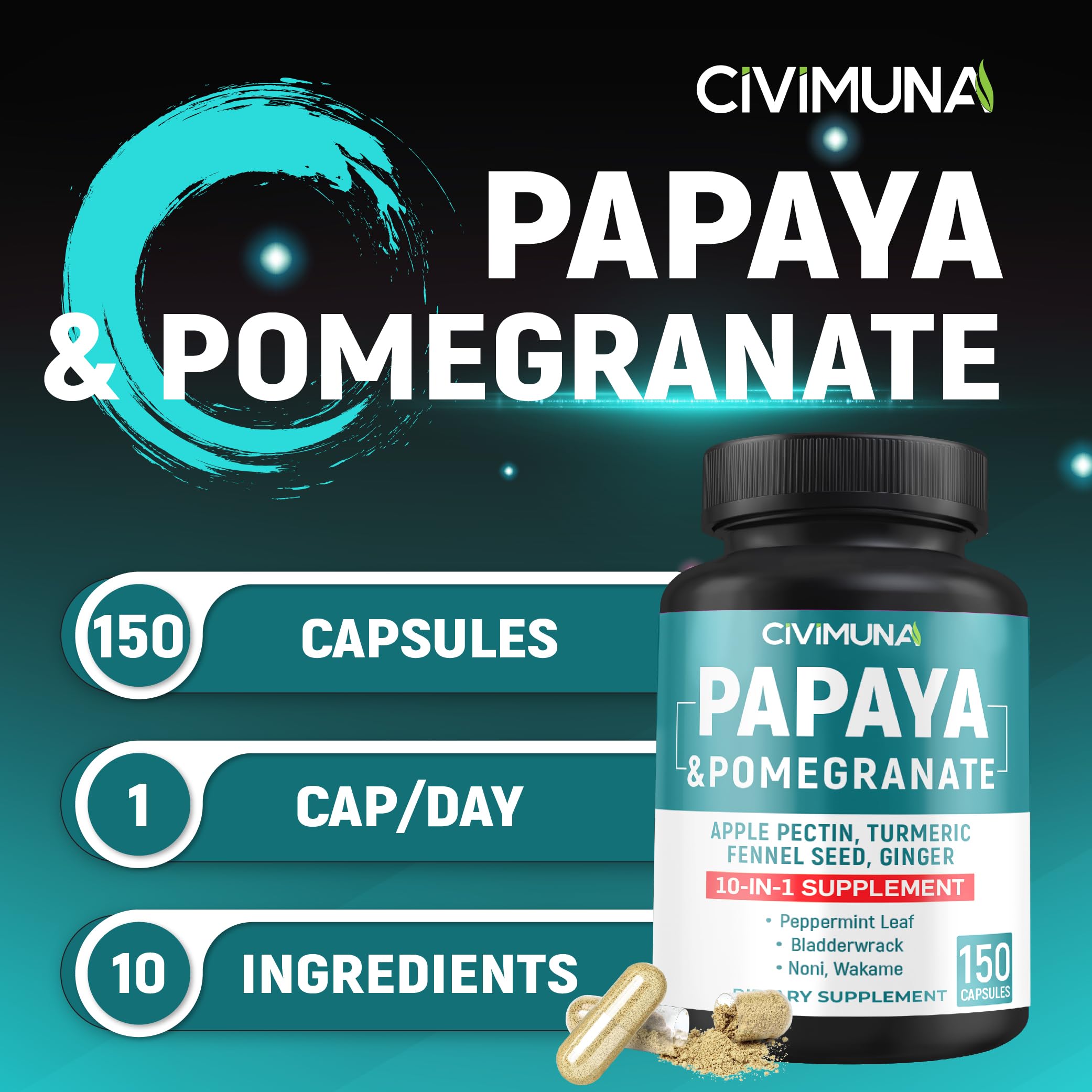 CIVIMUNA open bottle with capsules spilled, highlighting easy single-dose use