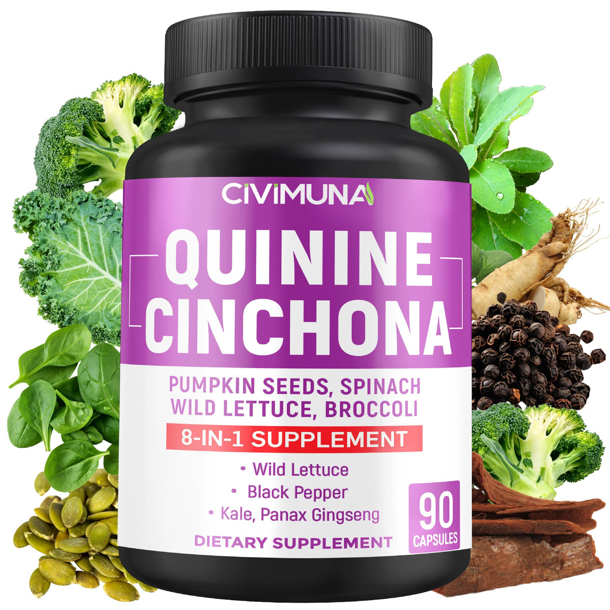 Front view of CIVIMUNA Quinine Cinchona Bark Capsules bottle