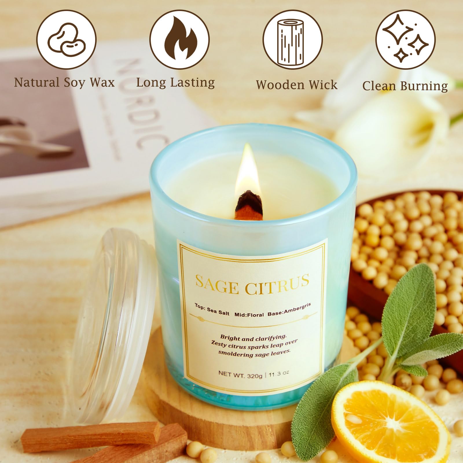 Natural soy wax candle jar labeled Sage Citrus