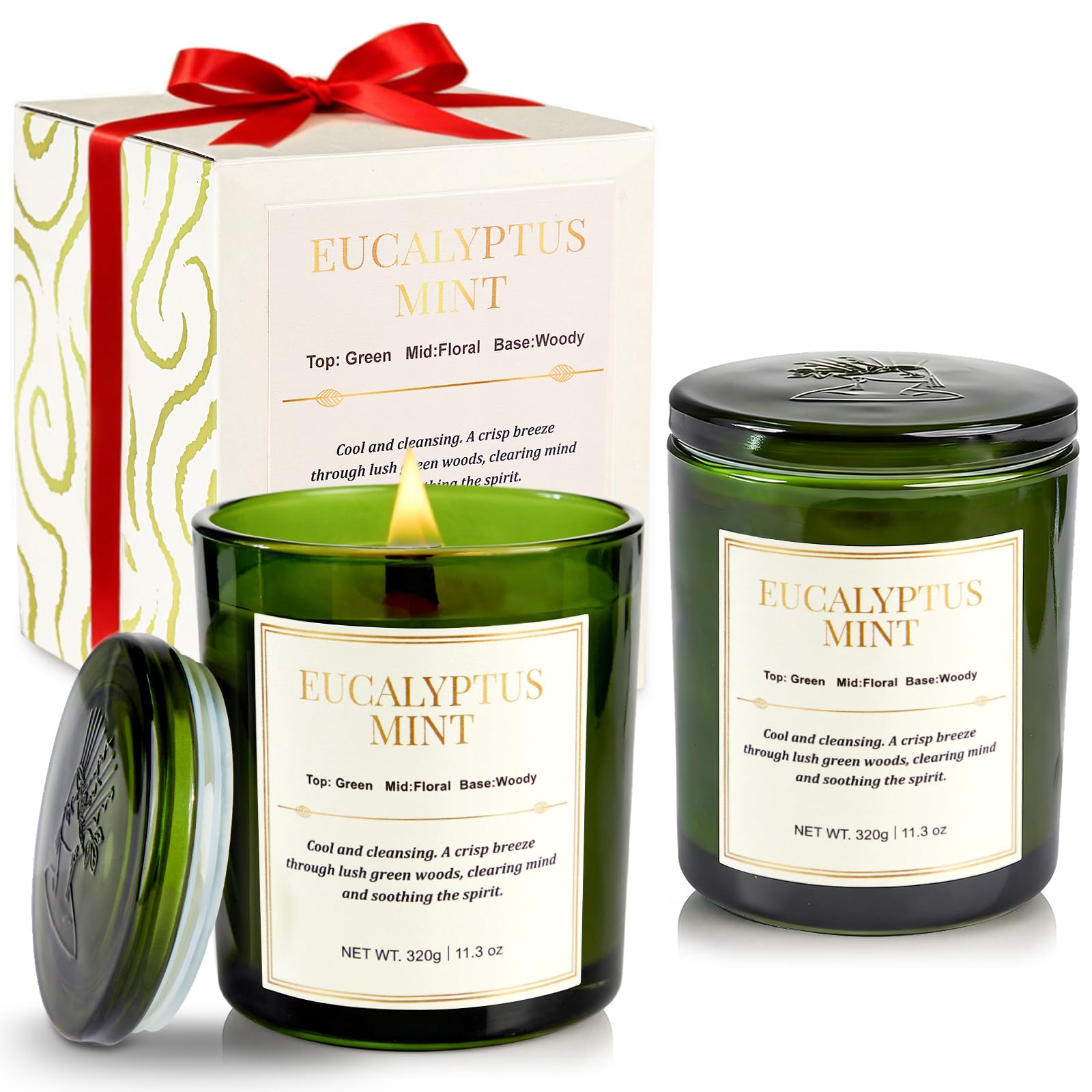 CJVIUS 2-pack wood wick candle set with Eucalyptus Mint, front view