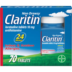 Claritin 24-hour allergy relief tablet close-up for all-day non-drowsy relief.