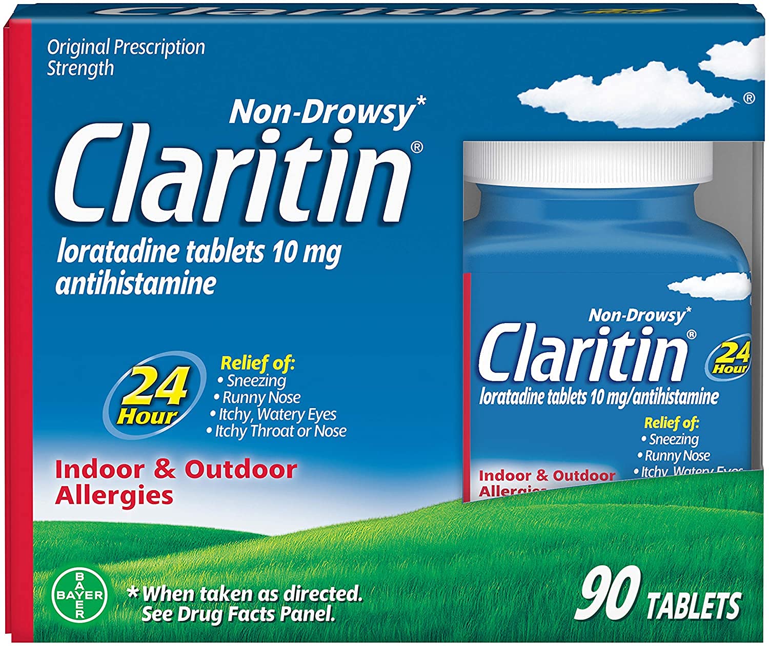 Claritin bottle 90 tablets shows 24-hour allergy relief for indoor and outdoor environments.